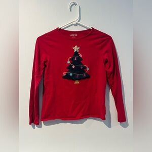 Lands' End Girls Red Cotton Christmas Tree Long Sleeve Kids Shirt, Size L (14)